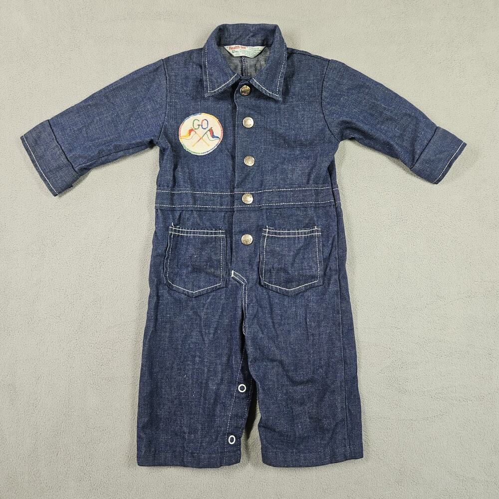 Vintage Healthtex Denim Overalls Baby Boy 12 Months Train Racing Party USA